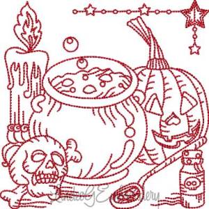Picture of Pumpkin; Cauldron; Skull; Candle Redwork (5 sizes) Machine Embroidery Design