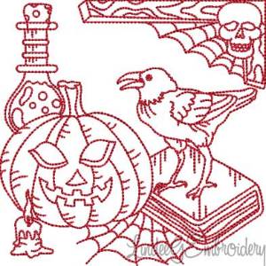 Picture of Raven; Pumpkin; Potion Redwork (5 sizes) Machine Embroidery Design