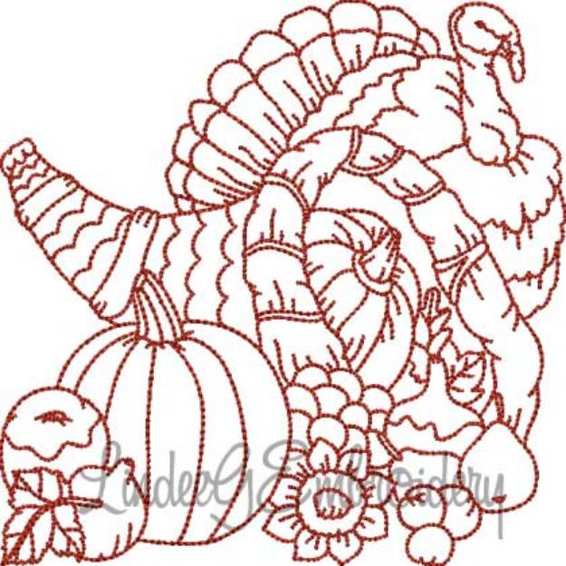 Picture of Turkey; Cornucopia; Pumpkins (4 sizes) Machine Embroidery Design