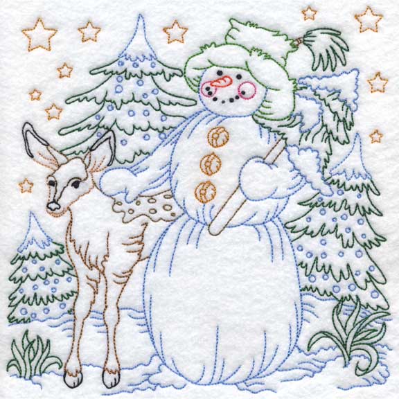 Colored Snowman with Deer (3 sizes) Machine Embroidery Design