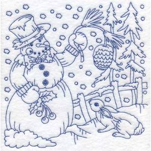 Picture of Redwork Snowman with Bunny (3 sizes) Machine Embroidery Design