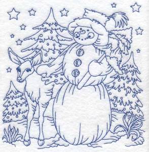 Picture of Redwork Snowman with Deer (3 sizes) Machine Embroidery Design