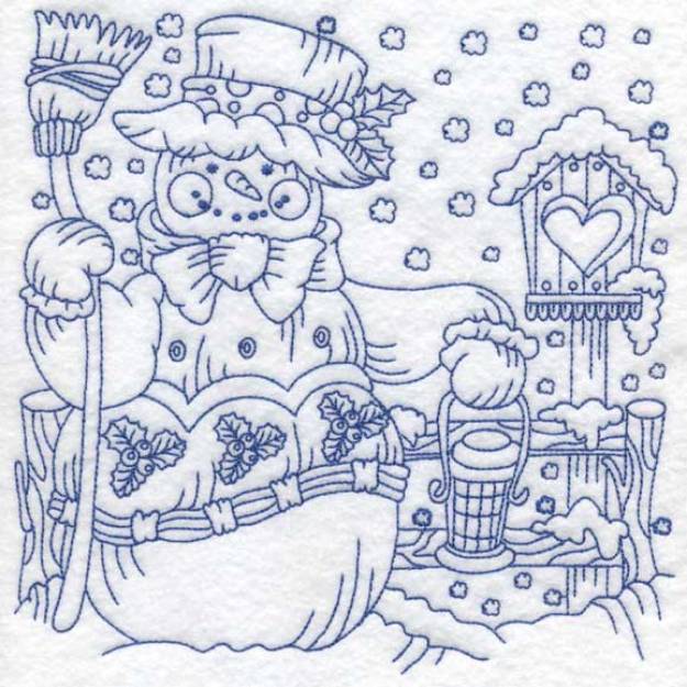 Picture of Redwork Snowman with Birdhouse (3 sizes) Machine Embroidery Design