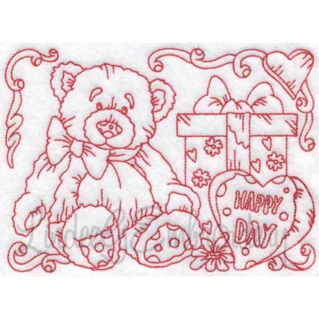 Picture of Teddy Bear with Gift & Hearts (6 sizes) Machine Embroidery Design