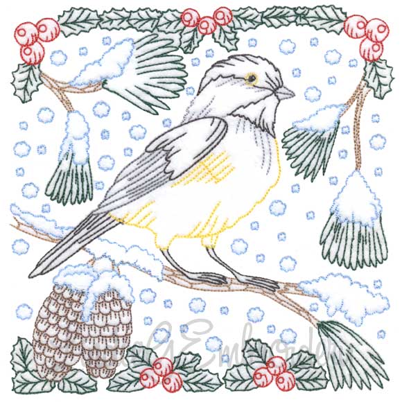 Chickadee with Snow 3 - Multicolor Machine Embroidery Design