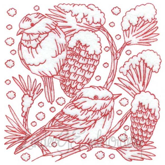 Picture of Chickadee with Snow 1 Redwork (3 sizes) Machine Embroidery Design
