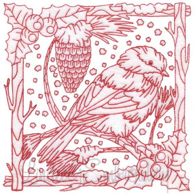 Picture of Chickadee with Snow 2 Redwork (3 sizes) Machine Embroidery Design