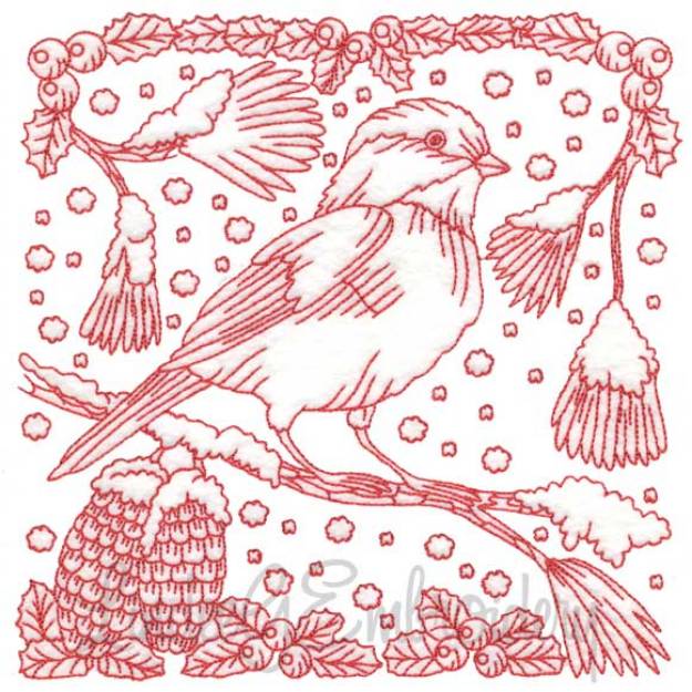 Picture of Chickadee with Snow 3 Redwork (3 sizes) Machine Embroidery Design