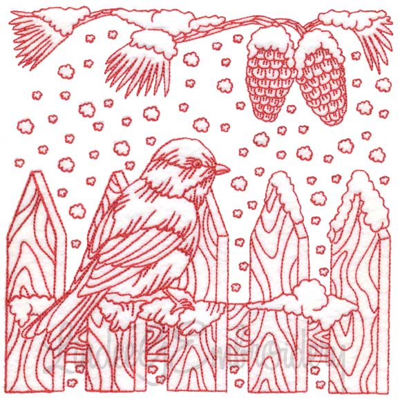 Chickadee with Snow 4 Redwork (3 sizes) Machine Embroidery Design