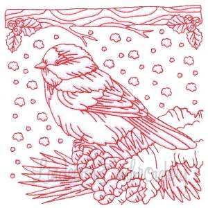 Picture of Chickadee with Snow 5 Redwork (3 sizes) Machine Embroidery Design