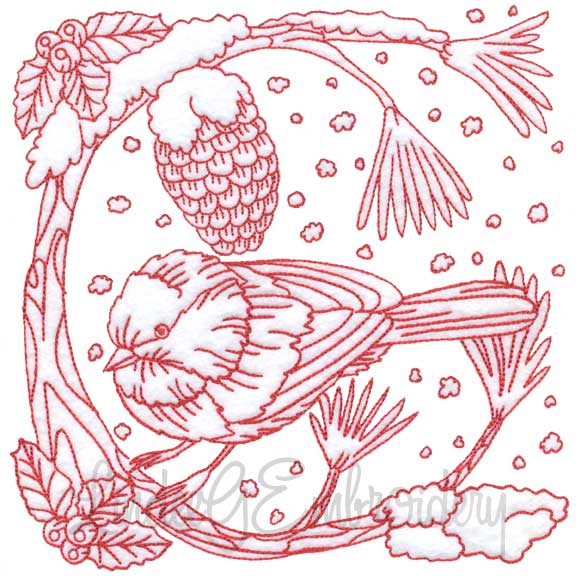 Chickadee with Snow 6 Redwork (3 sizes) Machine Embroidery Design