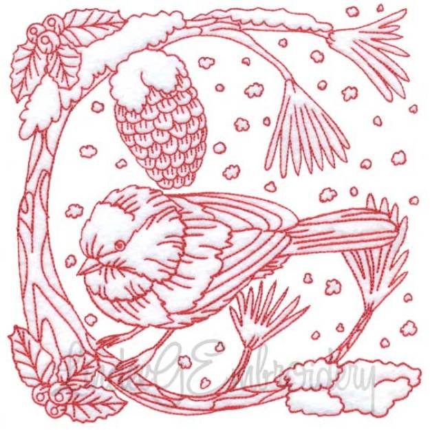 Picture of Chickadee with Snow 6 Redwork (3 sizes) Machine Embroidery Design