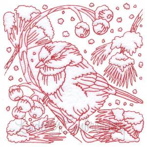Picture of Chickadees with Snow 7 Redwork (3 sizes) Machine Embroidery Design