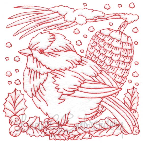 Chickadee with Snow 8 Redwork (3 sizes) Machine Embroidery Design