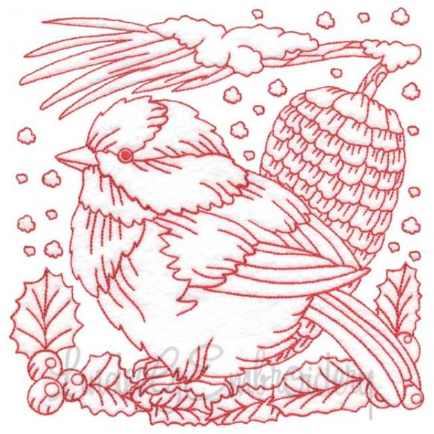 Picture of Chickadee with Snow 8 Redwork (3 sizes) Machine Embroidery Design