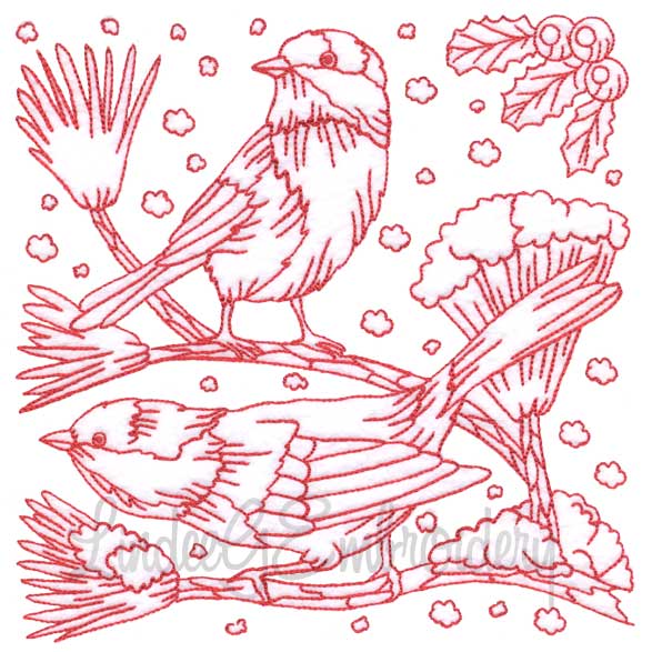 Chickadee with Snow 9 Redwork (3 sizes) Machine Embroidery Design