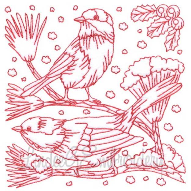 Picture of Chickadee with Snow 9 Redwork (3 sizes) Machine Embroidery Design