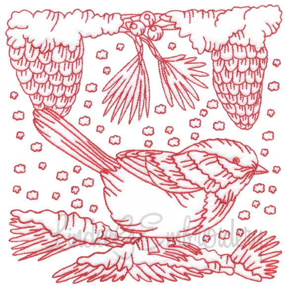 Chickadee with Snow 10 Redwork (3 sizes) Machine Embroidery Design