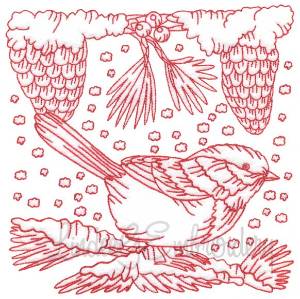 Picture of Chickadee with Snow 10 Redwork (3 sizes) Machine Embroidery Design