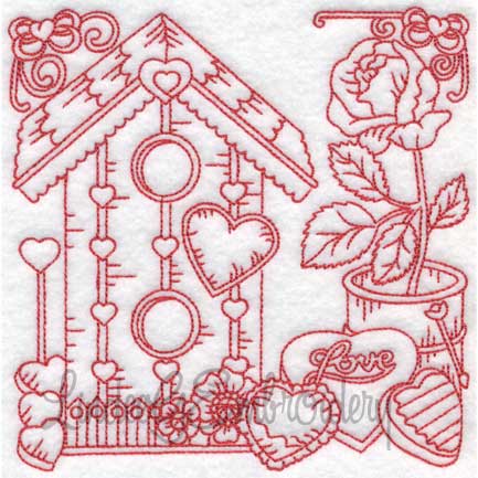Birdhouse with Hearts & Rose (4 sizes) Machine Embroidery Design
