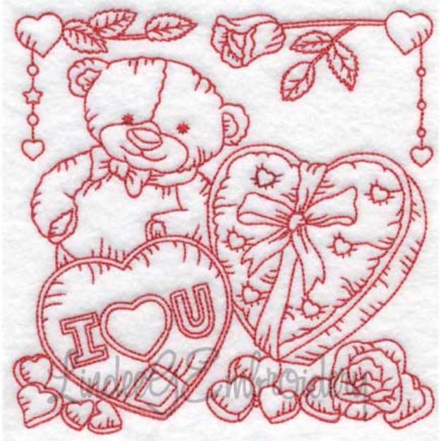 Picture of Bear with Hearts & Roses (4 sizes) Machine Embroidery Design