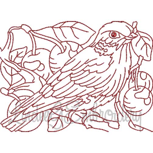 Bird with Cherries Redwork (5 sizes) Machine Embroidery Design