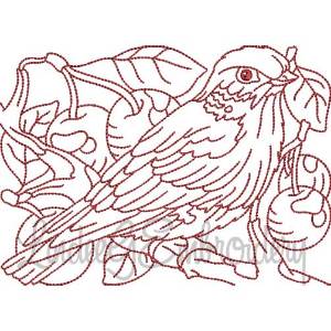 Picture of Bird with Cherries Redwork (5 sizes) Machine Embroidery Design