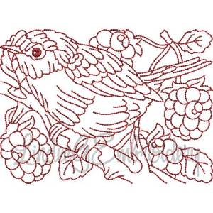 Picture of Bird with Raspberries Redwork (5 sizes) Machine Embroidery Design