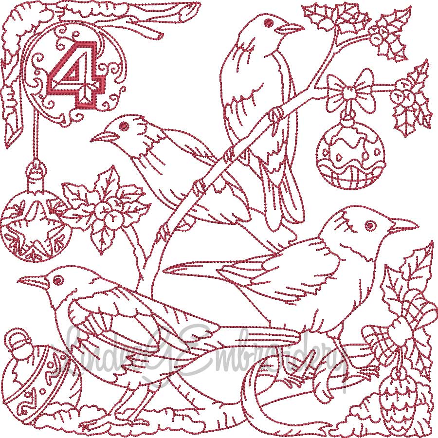 Redwork 3 French Hens (4 sizes) Machine Embroidery Design