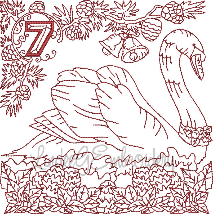 Redwork 7 Swans a Swimming (4 sizes) Machine Embroidery Design
