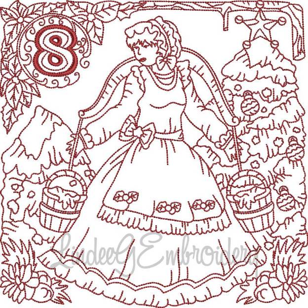 Picture of Redwork 8 Maids a Milking (4 sizes) Machine Embroidery Design