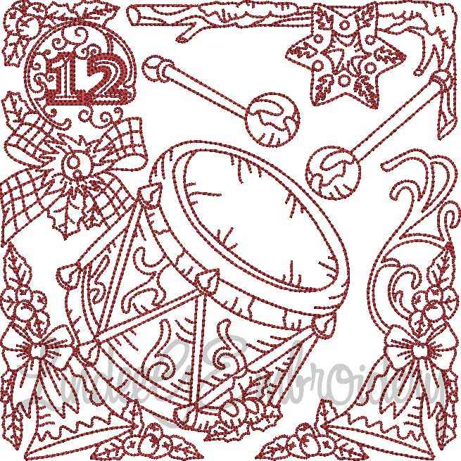 Redwork 12 Drummers Drumming (4 sizes) Machine Embroidery Design