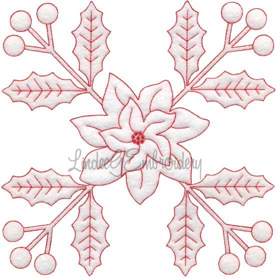 Holly & Poinsettia Redwork  (6.7-in)Machine Embroidery Design