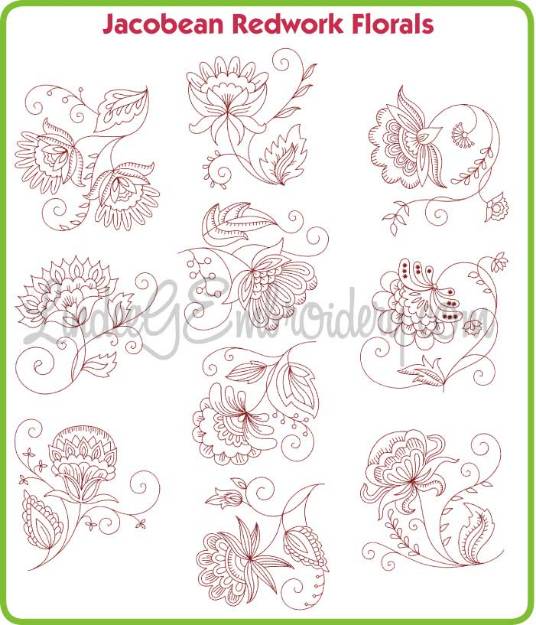 Picture of Jacobean Redwork Florals Embroidery Design Pack