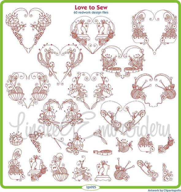 Picture of Love to Sew Redwork Embroidery Design Pack