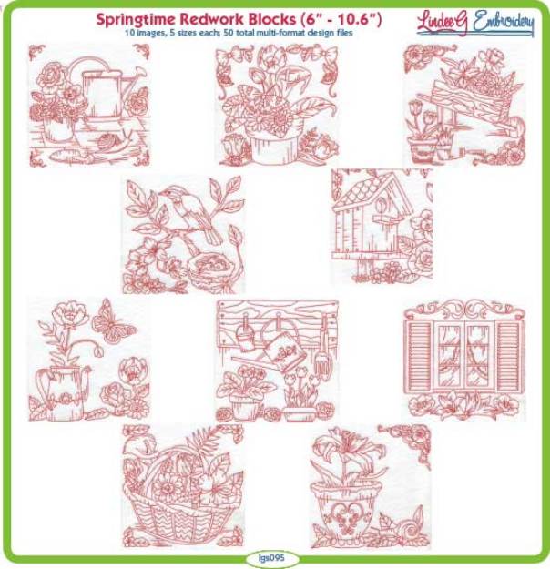 Picture of Springtime Redwork Blocks Bundle Combo Embroidery Design Pack