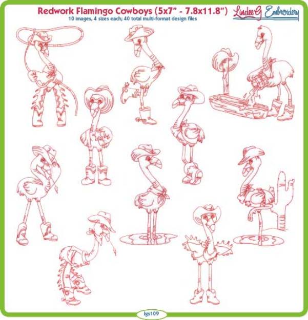 Picture of Redwork Cowboy Flamingos Bundle Combo Embroidery Design Pack