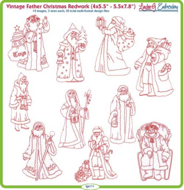 Picture of Vintage Father Christmas Redwork Bundle Combo Embroidery Design Pack