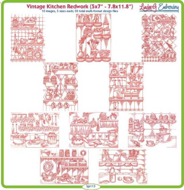 Picture of Vintage Kitchen Redwork Bundle Combo Embroidery Design Pack