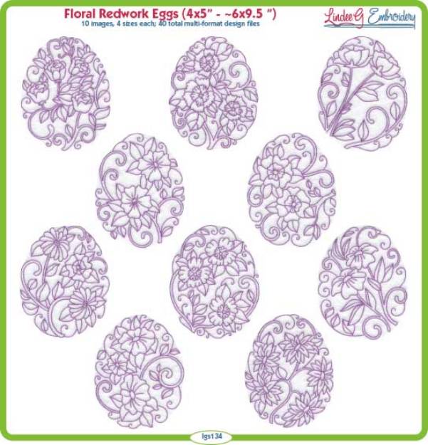 Picture of Floral Egg Redwork Bundle Combo Embroidery Design Pack
