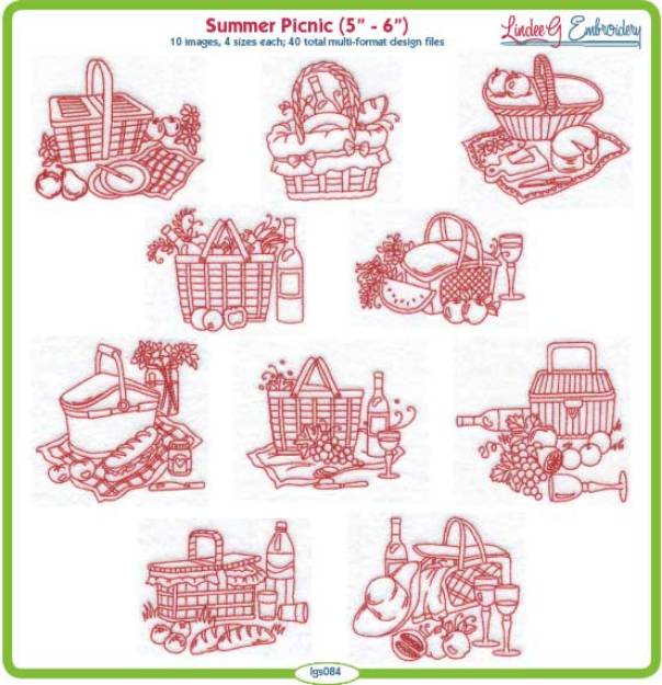 Picture of Summer Picnic Redwork  Embroidery Design Pack