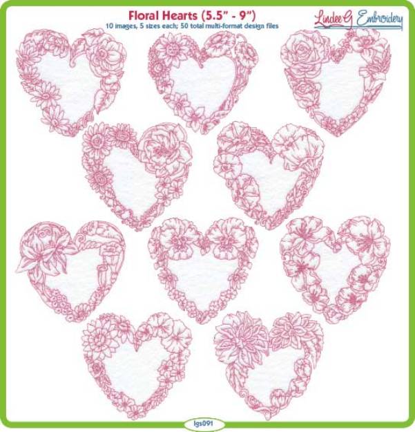 Picture of Floral Hearts  Embroidery Design Pack