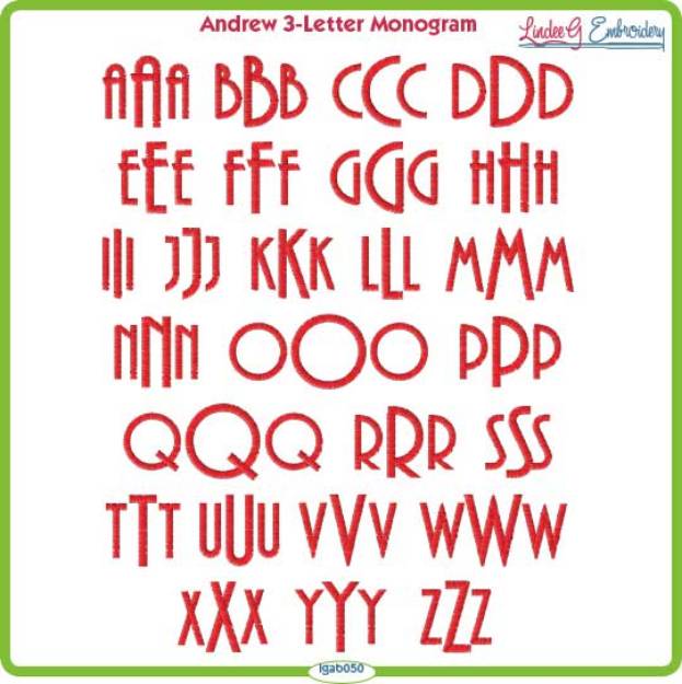 Picture of Andrew 3-Letter Monogram Embroidery Font Pack