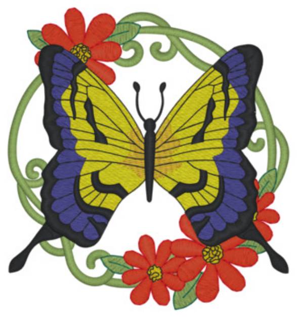 Picture of Swallowtail W/gerbera Border Machine Embroidery Design